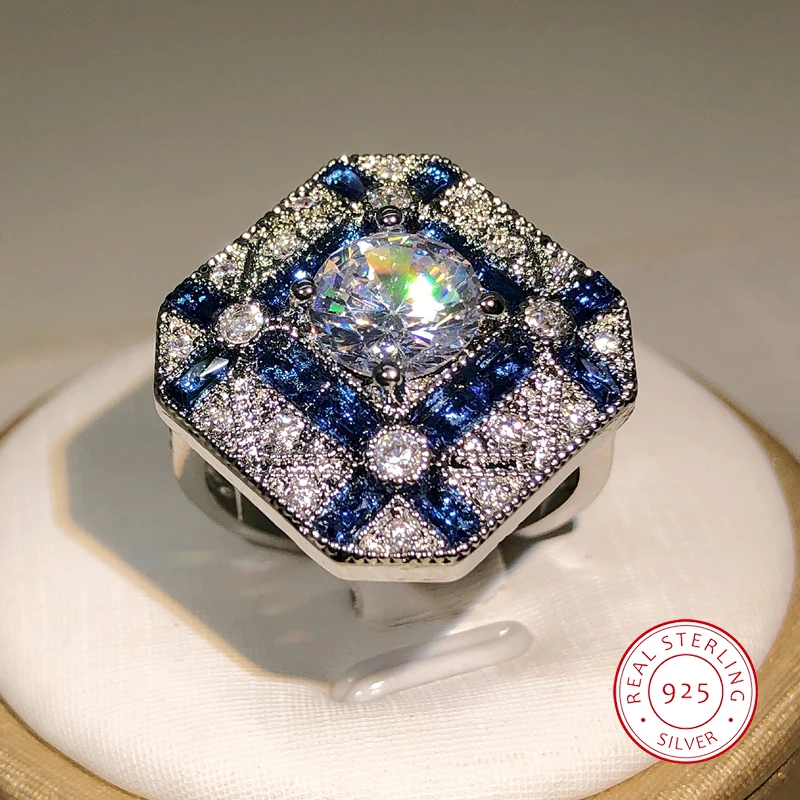 925 Silber Luxus Geometrie Große Ringe Für Männer Frauen Blau Weiß Zirkon Verlobungsring Birthstone Saphir Ring Image