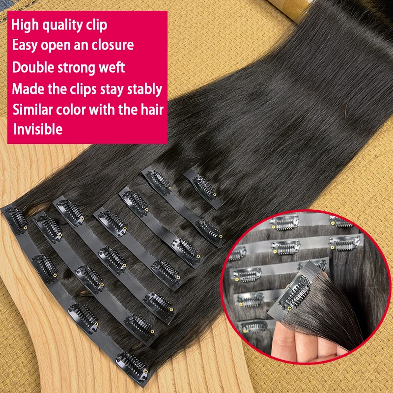 Nahtlose Gerade Clip-In Echthaar-Extensions PU Clip-In Haarverlängerungen 100% Echthaar Unsichtbare Haut-PU-Tressen Rohes Haar 7 Stück/Set 100g Image