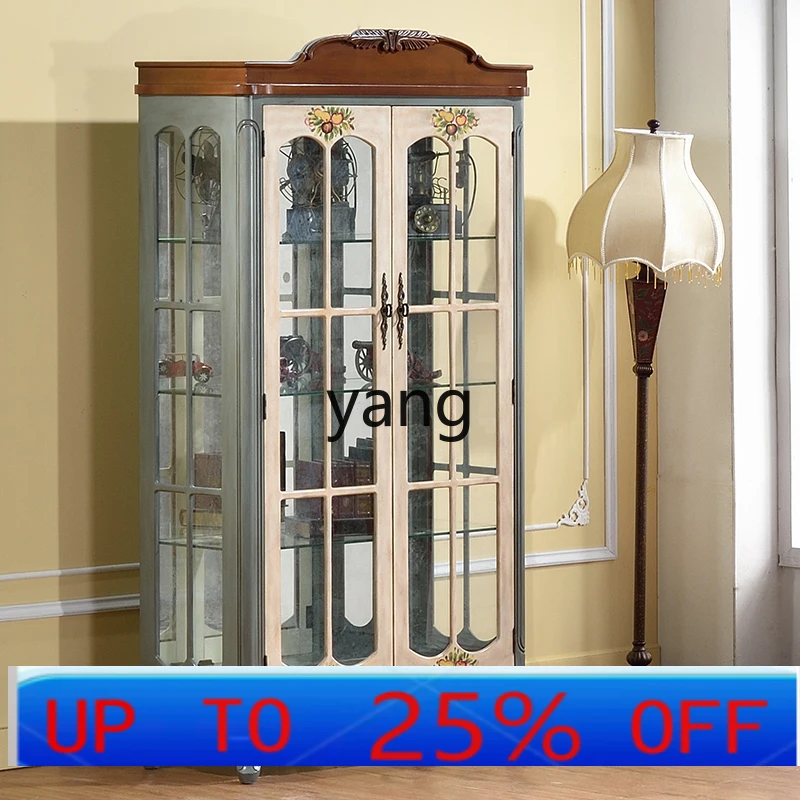 LHH bemalter Doppeltür-Weinschrank aus massivem Holz und Glas, alter dekorativer Ornamentschrank im Wohn- und Esszimmer