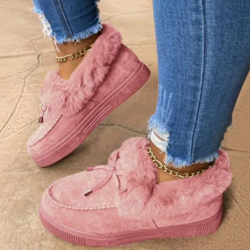 Einfarbig Pelzigen Frauen Schuhe Frauen Winter Baumwolle Schuhe Plüsch Warme Schnee Stiefel Damen Casual Flache Kurze Stiefel 2023