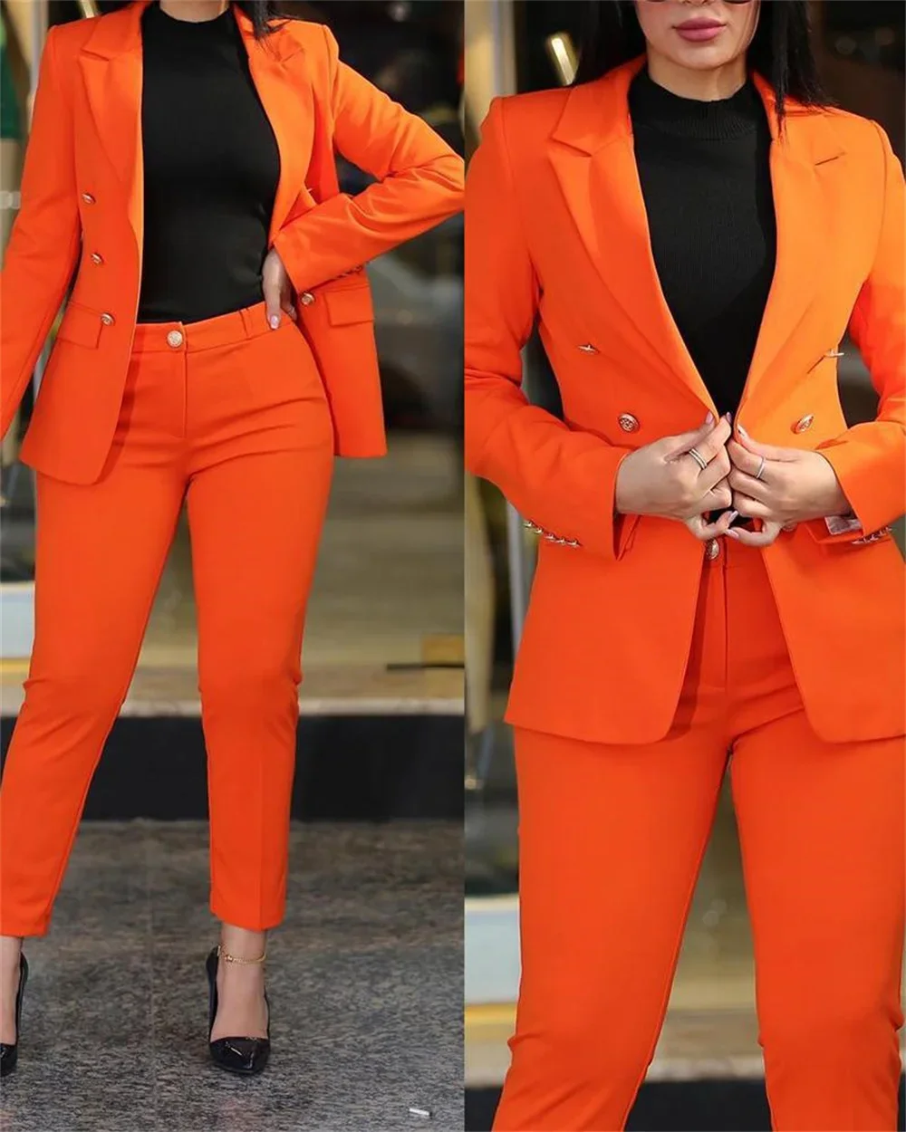 Orange Frau 2-teiliges Set neu in Casual Business Zweireiher Blazer Jacke Hosen elegante Damen formelle Hosen-Sets