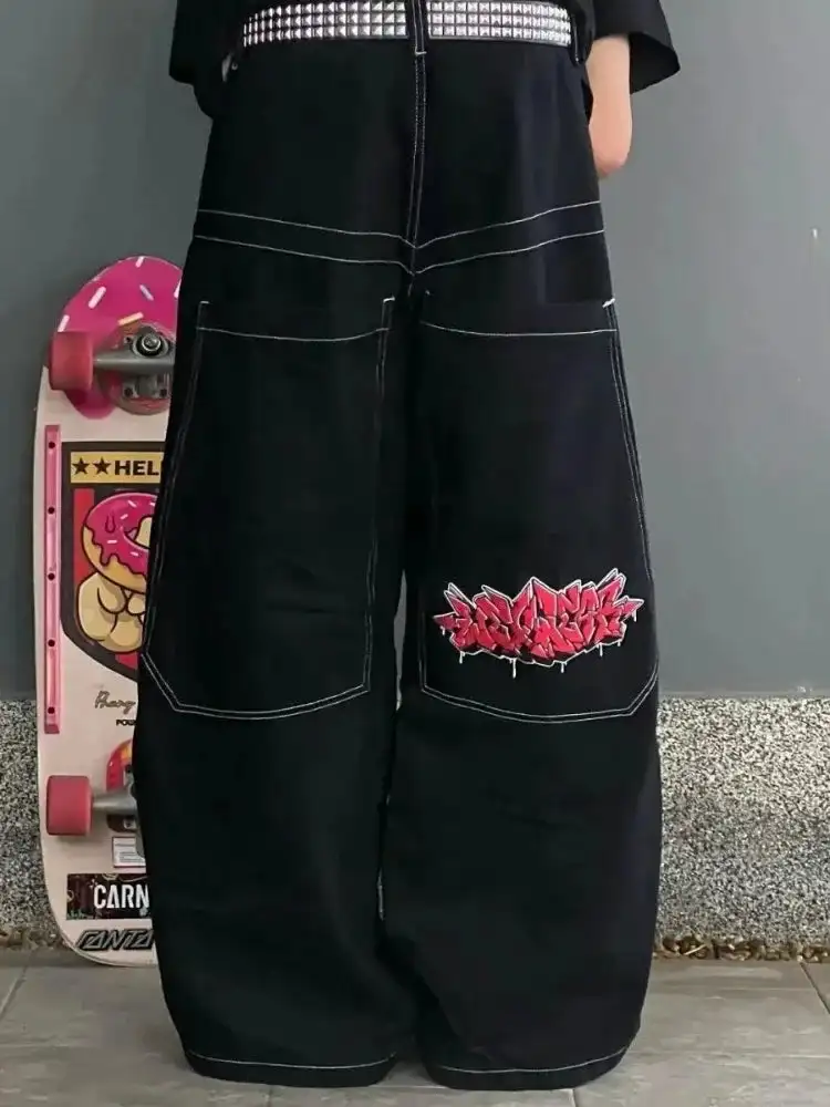 Vintage 2000er Jahre Cargo schwarze Hose Männer Frauen Hip Hop bestickt Y2k Baggy Jeans Streetwear Harajuku hohe Taille weite Hose