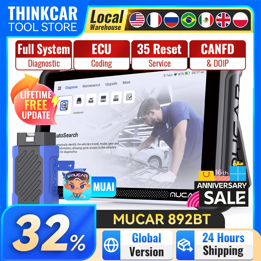 Strumenti Diagnostici MUCAR 892BT, Scanner Diagnostico per Tutti i Sistemi, Codifica ECU, 35 Reset, Aggiornamento Gratuito a Vita, Strumenti di Scansione Auto DOIP CANFD