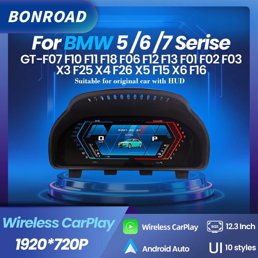 BONROAD Linux 12.3" 1920*720P Display LCD Digitale per Cruscotto, Pannello Strumenti Wireless CarPlay Android Auto per BMW Serie 5 6 7 GT-F07 F10 F11 F18 F01 F02 F03 F06 F12 F13 X3 F15 X4 F16 X5 F25