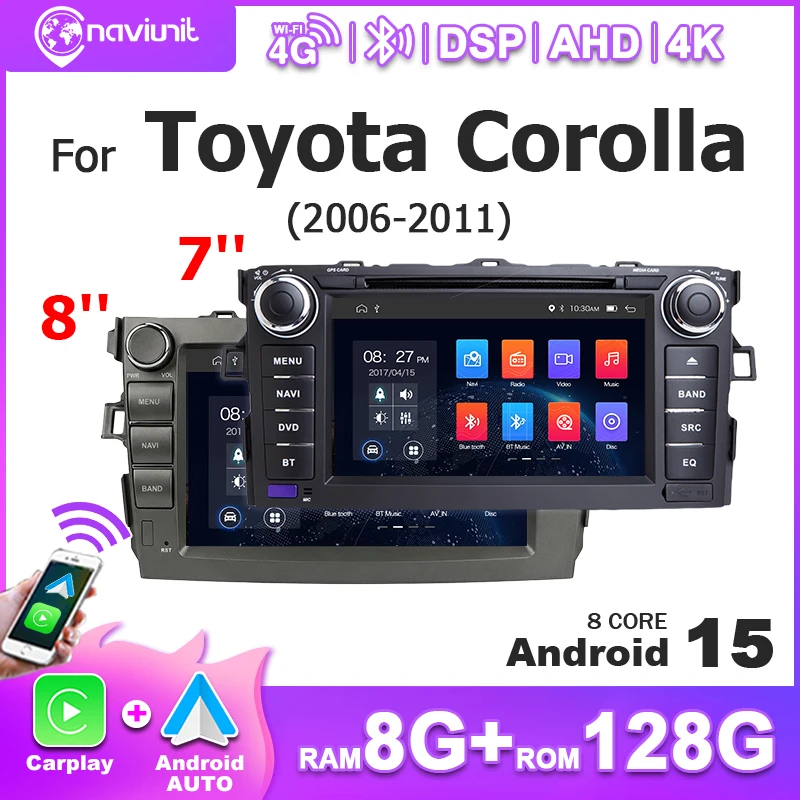 Schermo Multimediale da 7-8 Pollici Android 15 con CarPlay Wireless, Autoradio Stereo per Toyota URIs Corolla 2006-2013, Lettore Multimediale