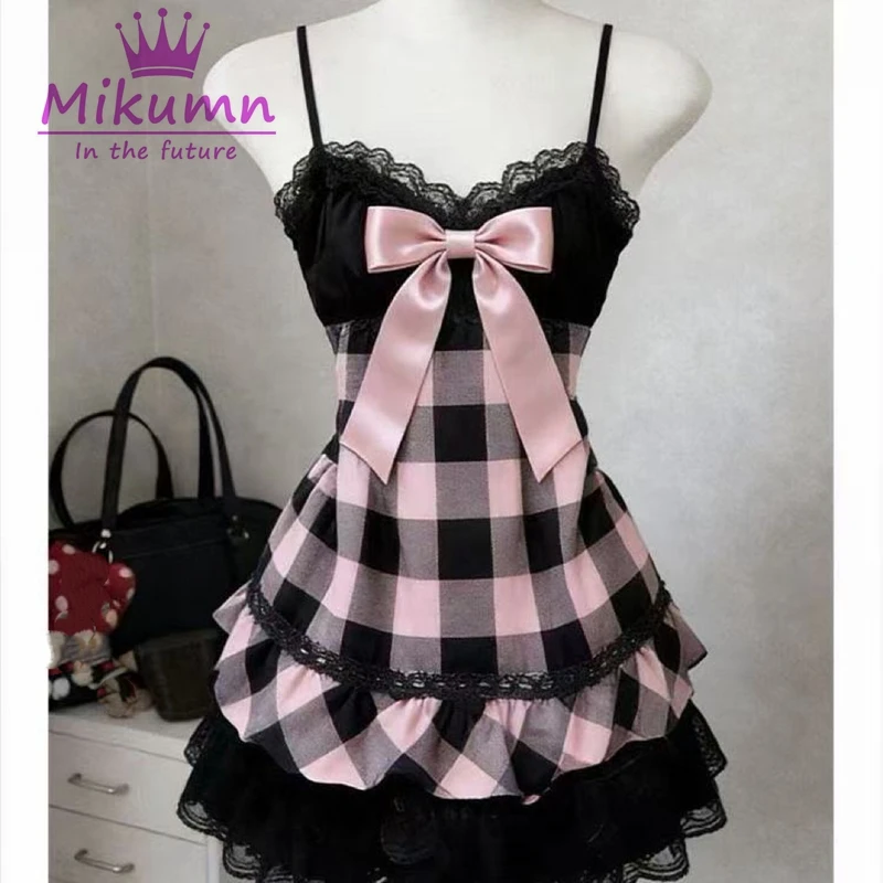 Abito Vintage a Quadri Harajuku Lolita Mikumn, Vestito Estivo Giapponese Y2k Kawaii con Fiocco e Pizzo, Senza Maniche, Mini Abito con Spalline