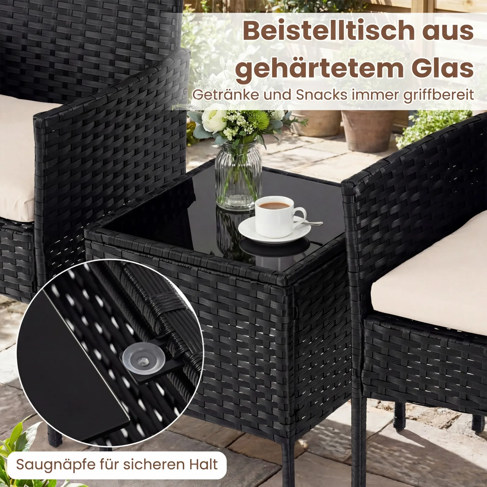 Set di mobili da giardino, set di mobili da balcone in rattan da 3 pezzi con 2 sedie e tavolo da giardino, beige