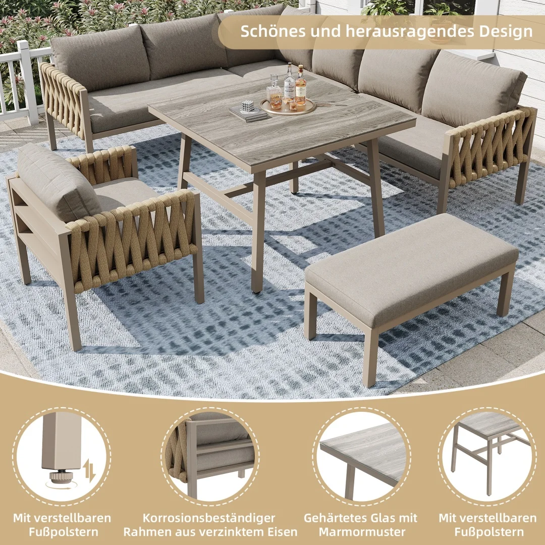Ensemble de meubles de jardin, ensemble de meubles de jardin en corde avec structure en fer galvanisé, pieds réglables, canapé d'angle, plateau de table en verre trempé, avec tous les coussins de