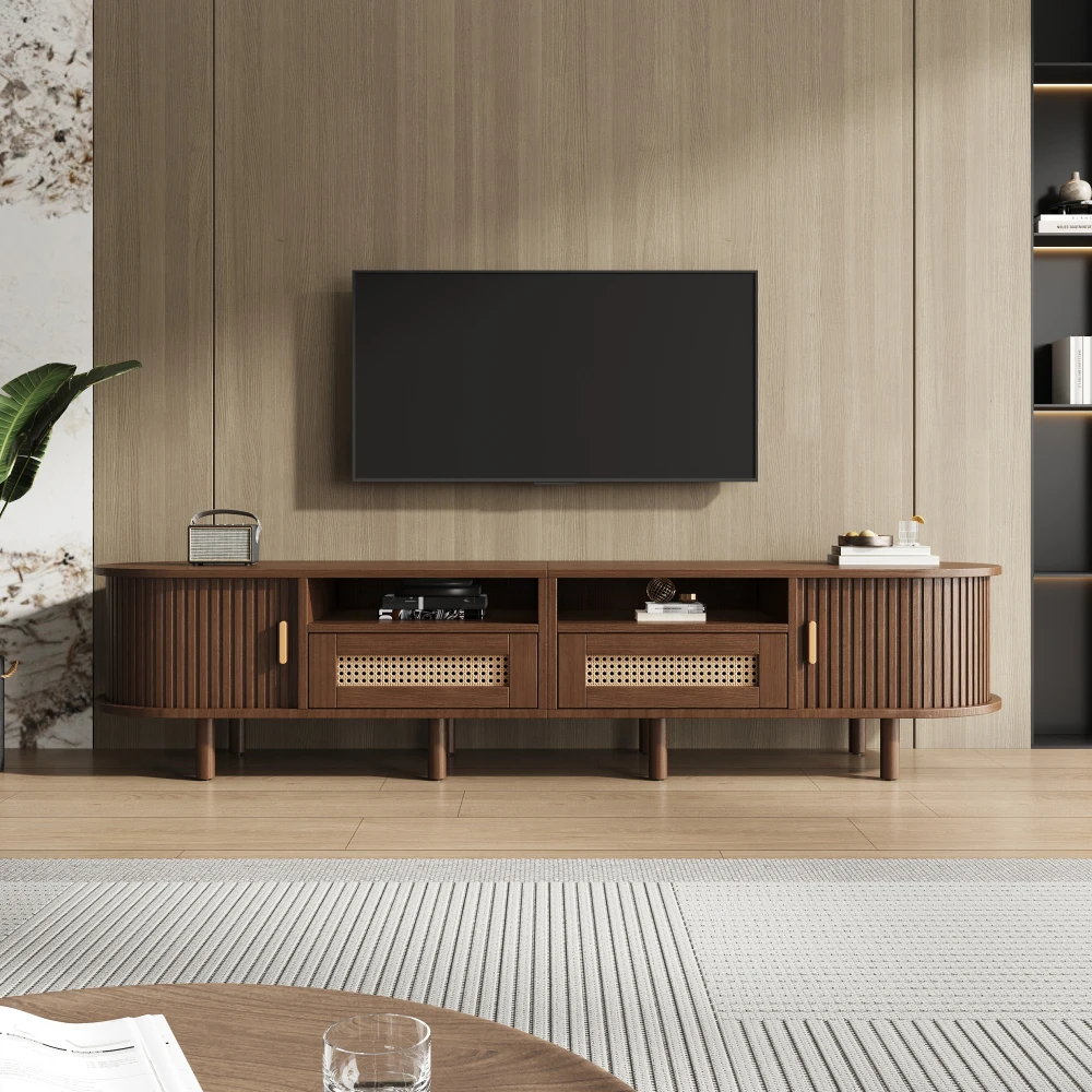 Meuble TV avec 2 tiroirs en rotin, 2 portes coulissantes, meuble bas et table TV pour téléviseurs jusqu'à 70 pouces, meuble TV et meuble d'appoint TV