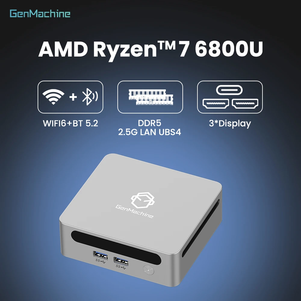 Mini PC GenMachine USB4 2.5G LAN Ryzen 7 6800U Windows 11 Ryzen DDR5 24G RAM 512GB ROM WIFI6 Mini PC Ordinateur de jeu PC Gamer