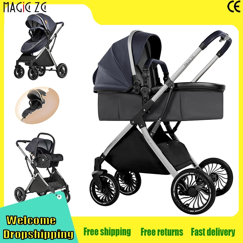 Poussette haute 3-en-1 avec siège auto, système de voyage pour bébé, poussette pliable, siège coquille d