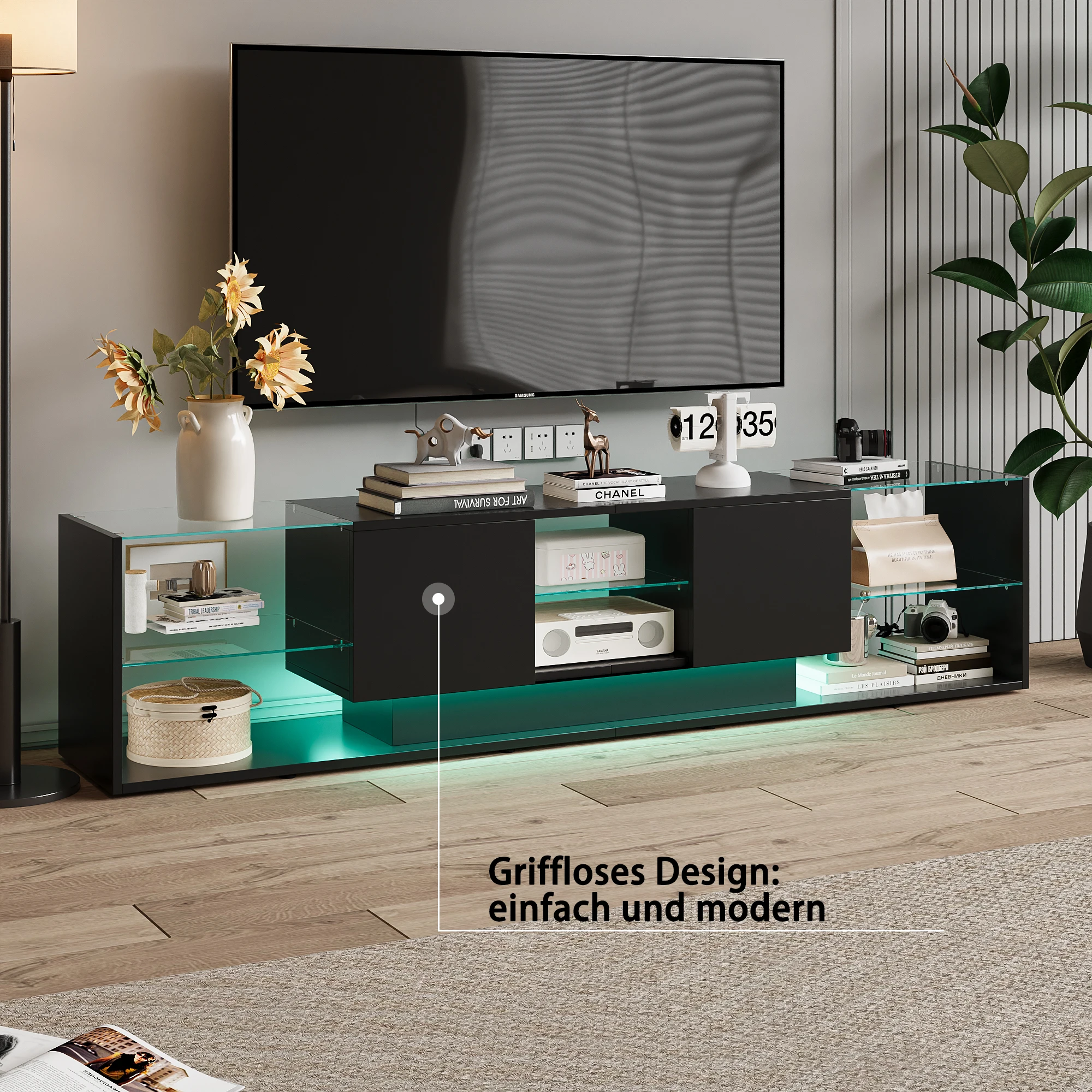 Meuble TV bas Anajqaqia 200×35×45 cm avec éclairage LED, meubles TV modernes, meuble TV avec étagères en verre brillant, noir