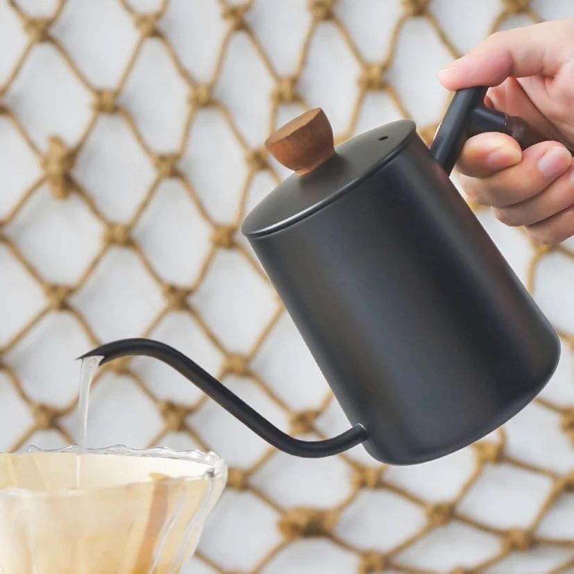 Cafetière en acier inoxydable de 600ml, cafetière goutte à goutte avec manche en bois, verser sur la cafetière, bec à col de cygne, cafetière expresso