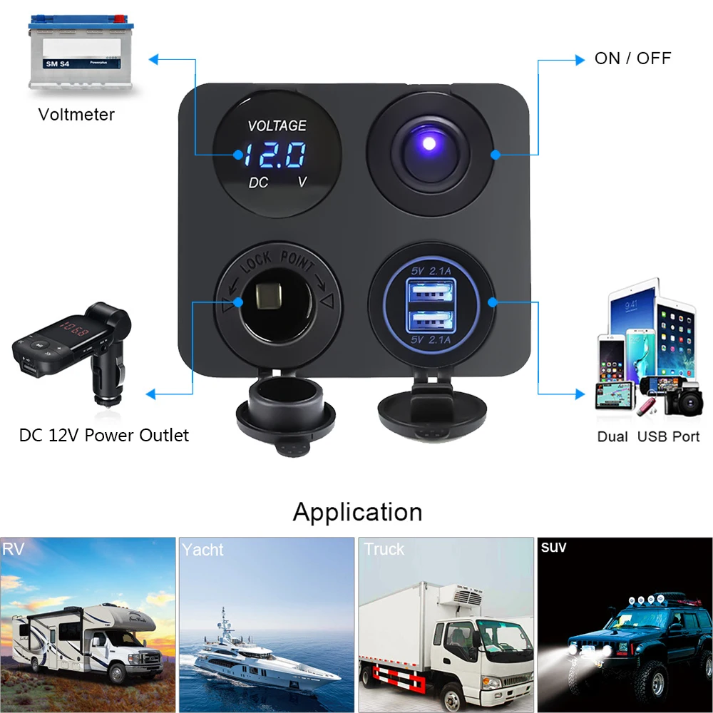 Prise de panneau USB 12V 4 en 1, double chargeur USB avec interrupteur à bascule, allume-cigare de voiture, voltmètre numérique pour voiture, bateau, camion, RV