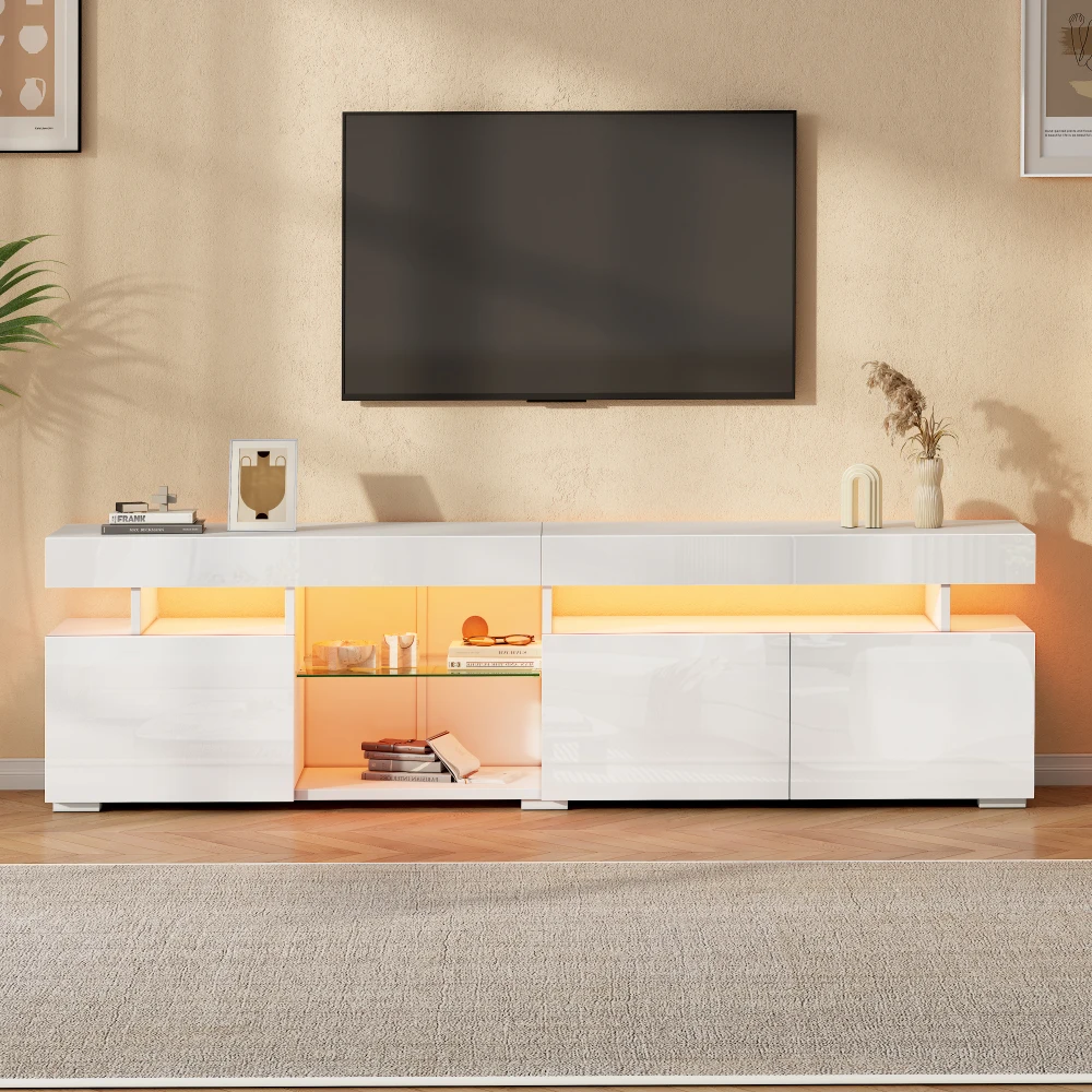 Meuble TV, meuble bas, meuble TV brillant avec 3 portes, étagères réglables en verre trempé, pour téléviseurs jusqu'à environ 80 pouces