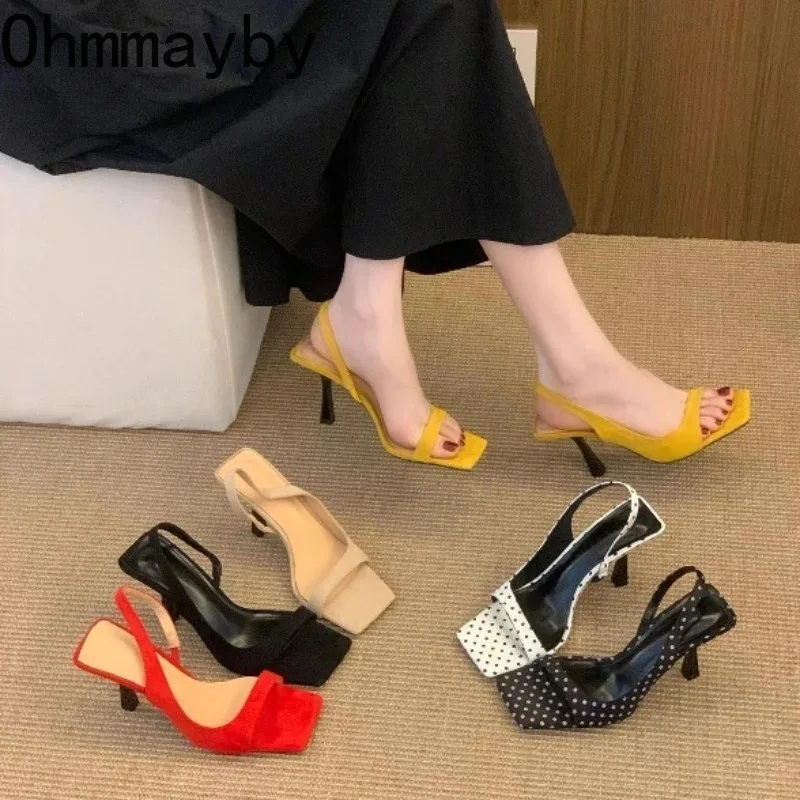 2026 New Summer Polka Dot Sandals for Women Fashion Square Open Toe High Heels Dress Female Shoes Elegant Office Sandals