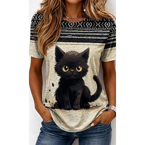 Damen T Shirt Druck Grafik Tiermotiv Vintage Stilvoll Klassisch Kurzarm Rundhalsausschnitt Rundhals Normale Oberteile Lässig Täglich Wochenende Weiß Hellgrau Grau Sommer Frühling Herbst Image