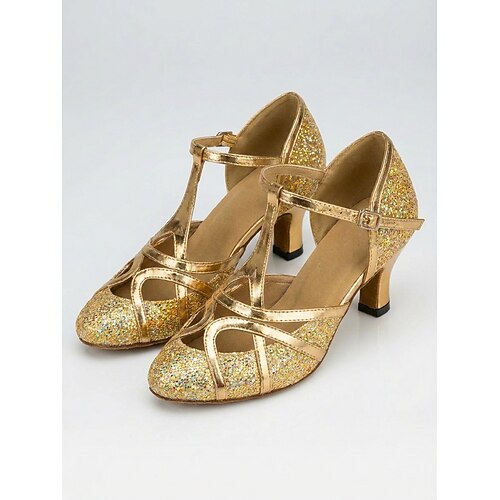 Goldene Glitzer-Tanzschuhe im Stil der 1920er Jahre – Vintage-Mary-Jane-Pumps mit T-Riemen und Metallic-Lederdetails für Flapper-Partys und Gesellschaftstänze Retro-Hochzeiten Image