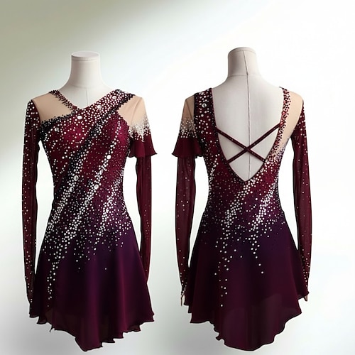 Eiskunstlaufkleid Damen Eislaufen Kleid Schwarz Rrot Patchwork Offener Rücken Dehnbar Training Wettbewerb Eiskunstlaufkleidung Klassisch Kristall / Strass Langarm Eislaufen Eiskundstlauf Image