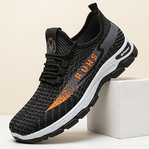 Schwarze und orangefarbene Herren-Laufschuhe, leichte, atmungsaktive Schnürschuhe, gepolsterte Sportschuhe für Joggen, Fitnessstudio, Reisen und den Alltag. Image