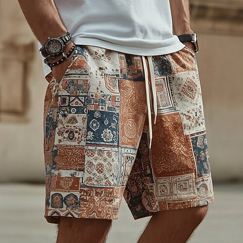 Herren Boho Farbblock Patchwork Sweat-Shorts Strandshorts Frottee-Shorts Mittlere Taille Ethnisch Retro Vintage Lässig Strandurlaub 3D-Druck Elastischer Kordelzug in der Taille Designer Bekleidung Image