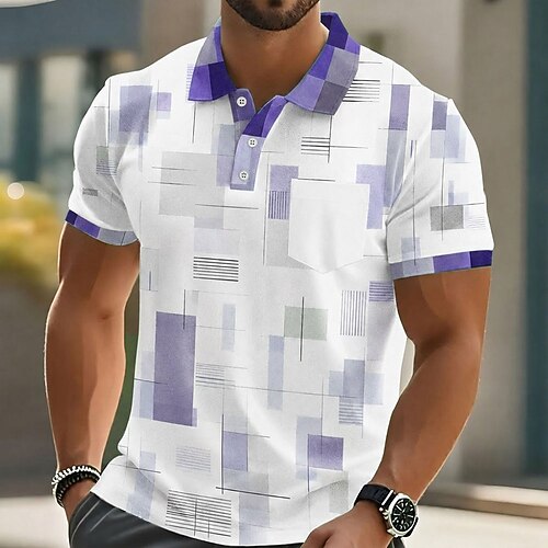 Herren Farbblock Geometrisch Poloshirts Kurzarm Polo-Shirts Hemden mit Kragen Lässig Outdoor Athleisure Alltagskleidung 3D-Druck Knöpfe Frühling Sommer Blau Meerblau Purpur Image