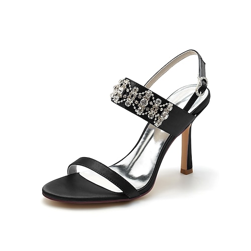 Elfenbeinfarbene Satin-Stiletto-Sandalen für Damen – elegante, mit Kristallen verzierte Absätze für Cocktailpartys und Abendveranstaltungen Image