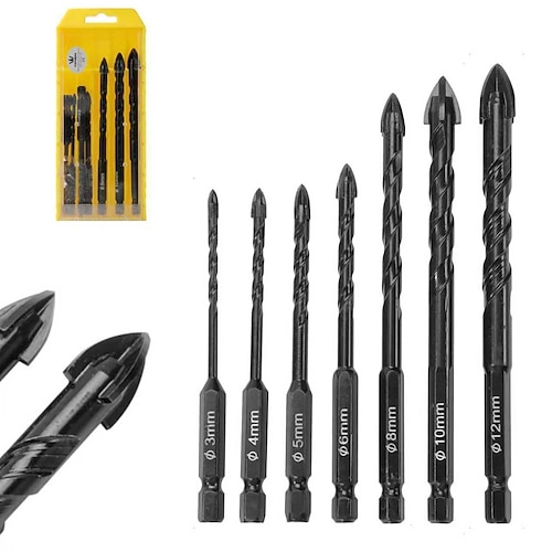 7-teiliges Set Hartmetallbohrer, Hartmetallspitze, Sechskantschaft, rutschfestes Design, geeignet für Glas, Beton, Ziegel, Holz, Kunststoff, Keramikfliesen und Spiegelbohrungen Image