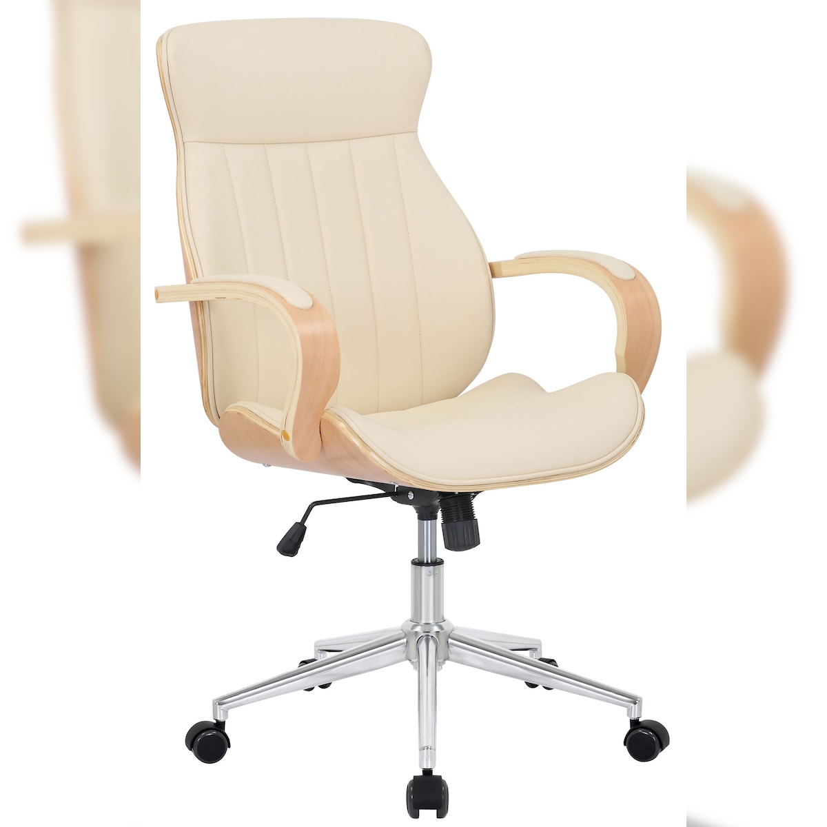 Décoshop26 - Bürostuhl mit Rollen cremefarbenem Kunststoffmaterial und hellem Holz höhenverstellbar BUR10465 Image