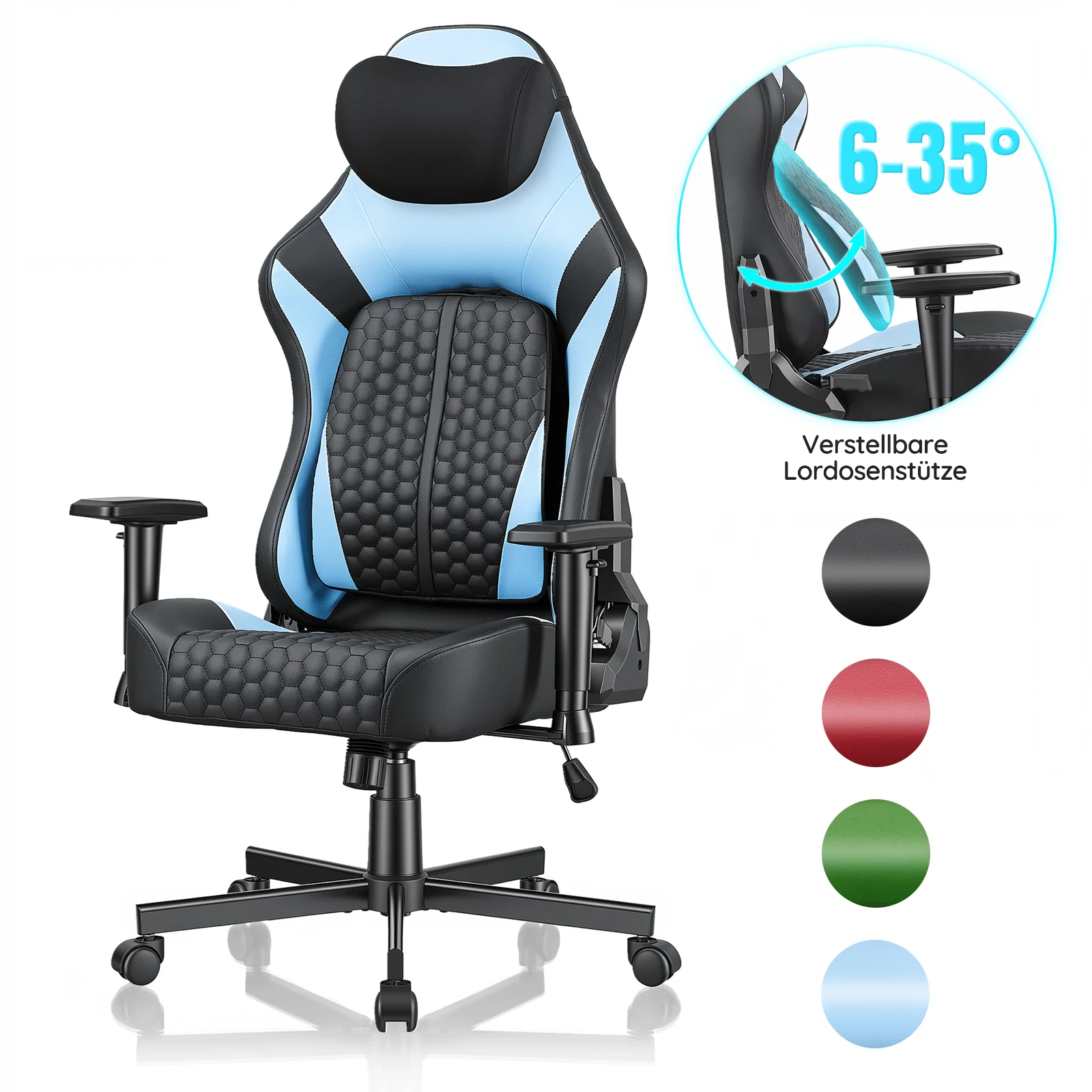 Devoko Gaming Stuhl mit 6-35° verstellbarer Lendenstütze, verdicktes und breites Sitzkissen, ergonomischer Schreibtischstuhl