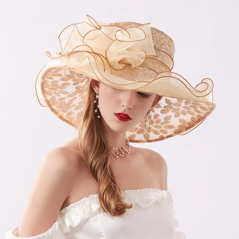 Neue Sommer Frauen Organza Kentucky Derby breite Krempe Reise Sonne Hüte elegante Blumen Damen Hochzeit Kirche Party Fedoras Hut Image