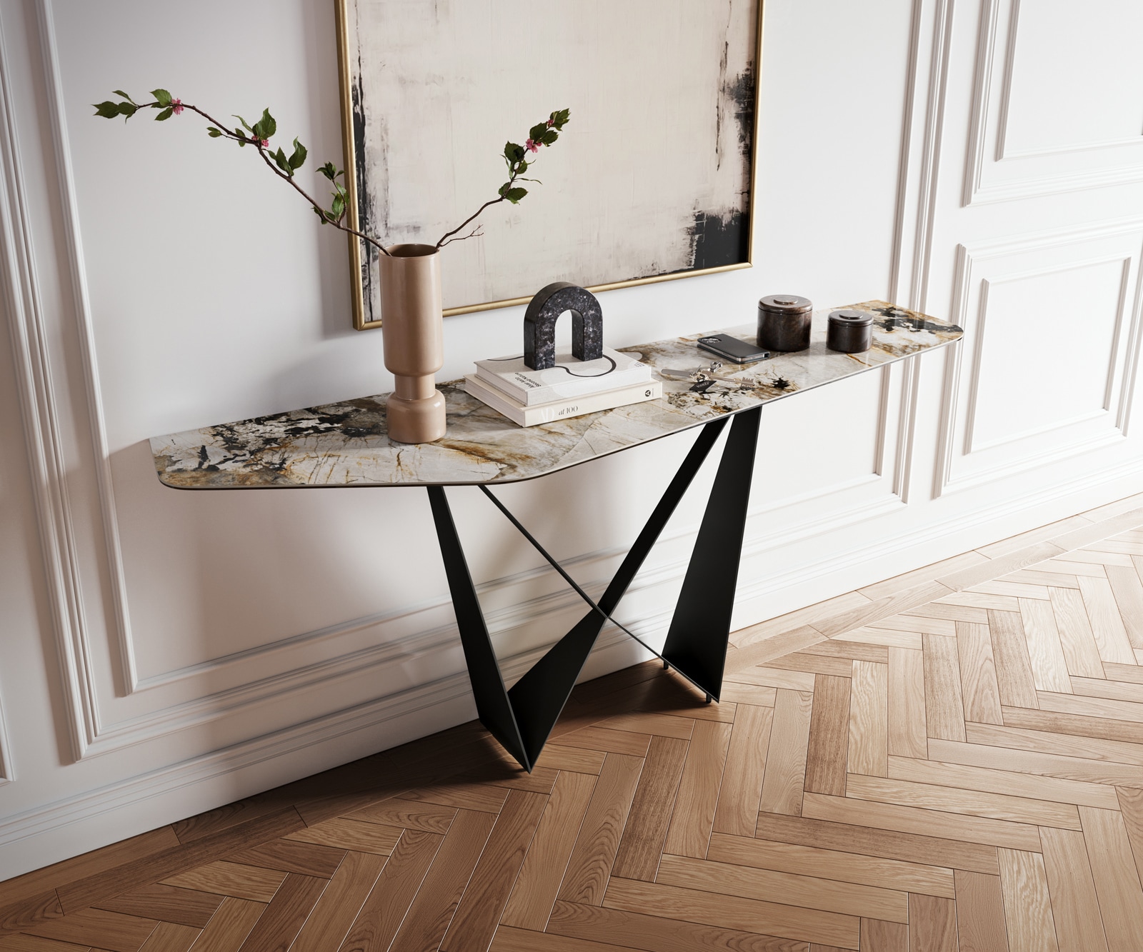 DELIFE Konsolentisch Edge Polygonal 180x50 cm Keramik Patagonia Poliert Spios Metall Schwarz, Konsolentische