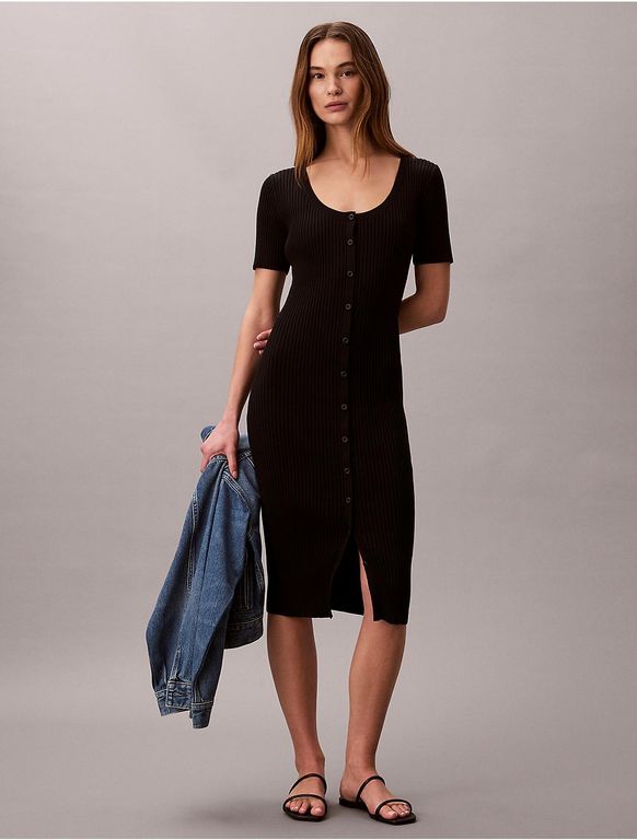 Calvin Klein Cotton Rib Button-Down Dress - Black - Calvin Klein Dresses