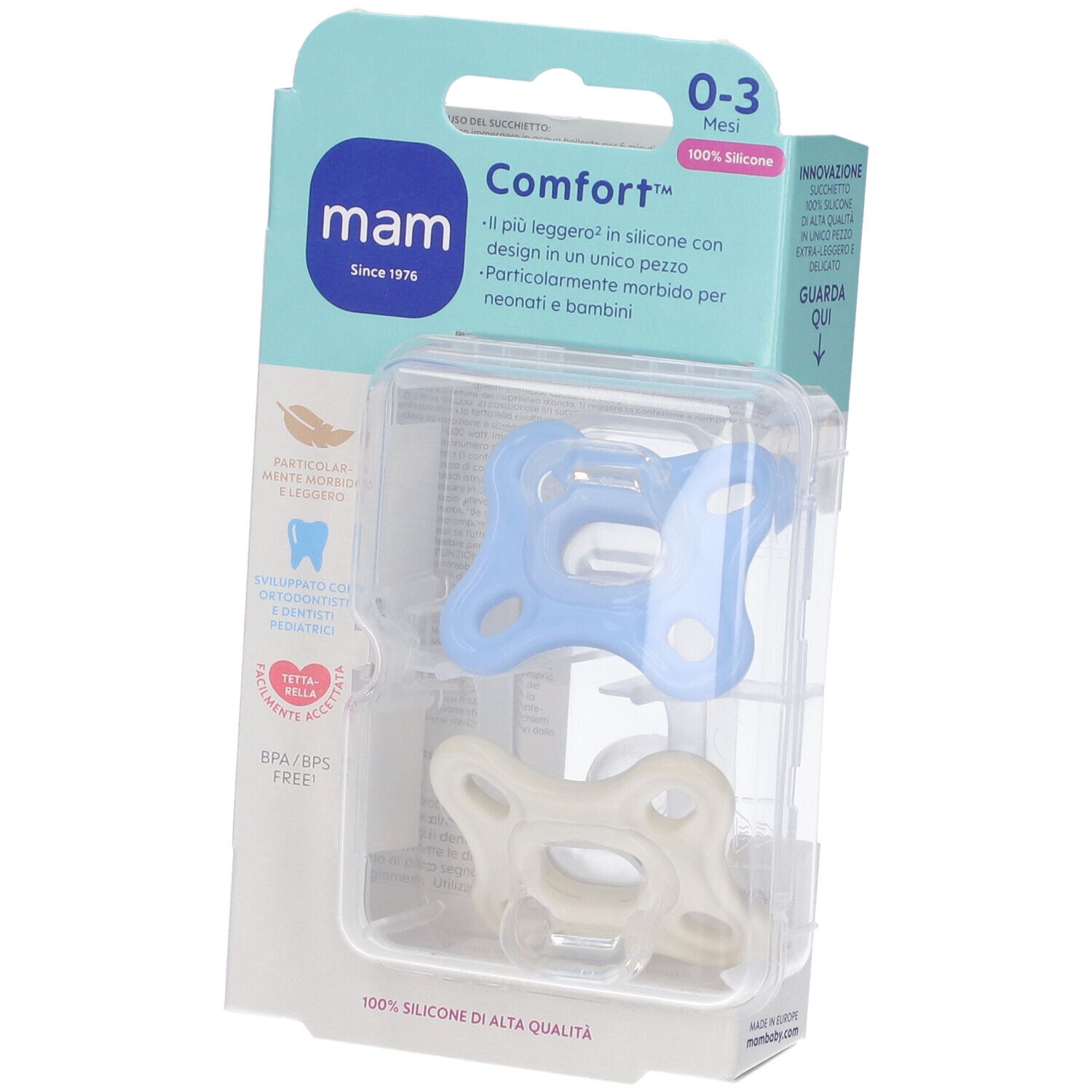 MAM Succhietto Comfort 0-3 M Colore Blue & Neutral 2 Pezzi 1 pz Succhi