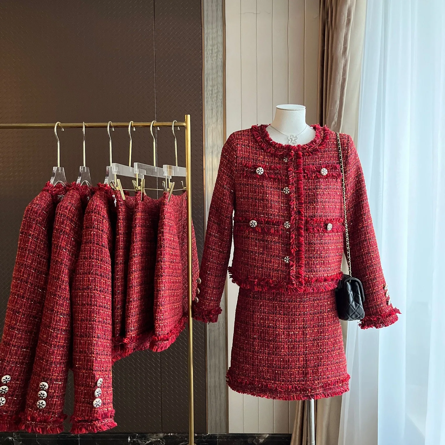 Frauen Vintage Fransen Saum Zwei Stücke Tweed Rock Anzug Dame Frühling Herbst Streetwear O Hals Langarm Lose Jacke + rock