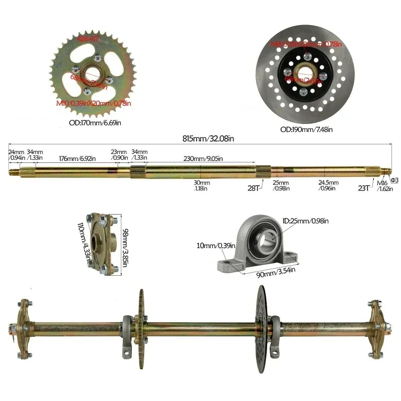 32" Wagen Hinterachse Kit Bremsscheibe Nabe Kettenrad Kissen Block Drift für Buggy Quad Bike 50cc 110cc 150cc 200cc ATV Go kart