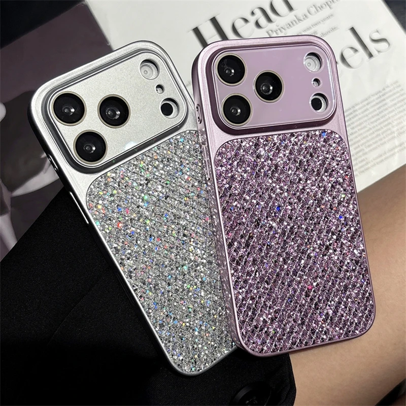 Modische Glitzer-Diamant-Gitter-Pailletten Große Fenster-Kameralinsen-Schutzhülle für iPhone 17 16 15 14 13 Pro Max Stoßfeste Abdeckung Image