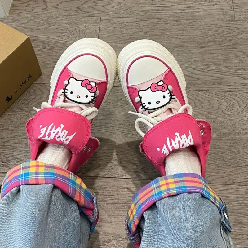 Anime Hello Kitty Damen-High-Top-Leinenschuhe, süße Freizeitschuhe für Mädchen, rosa Sneaker mit dicken Sohlen, Sportschuhe für Studenten, Geschenk