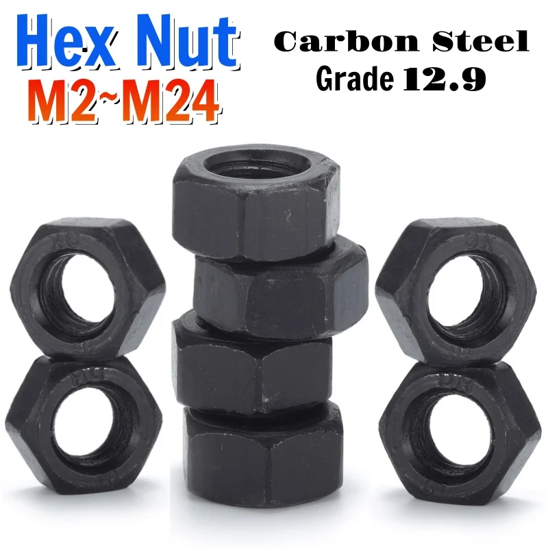 Schwarze Sechskantmuttern Klasse 12.9 Kohlenstoffstahl Metrische Sechskantmuttern M2 M2.5 M3 M4 M5 M6 M8 M10 M12 M14 M16 M18 M20 M22 M24 Image