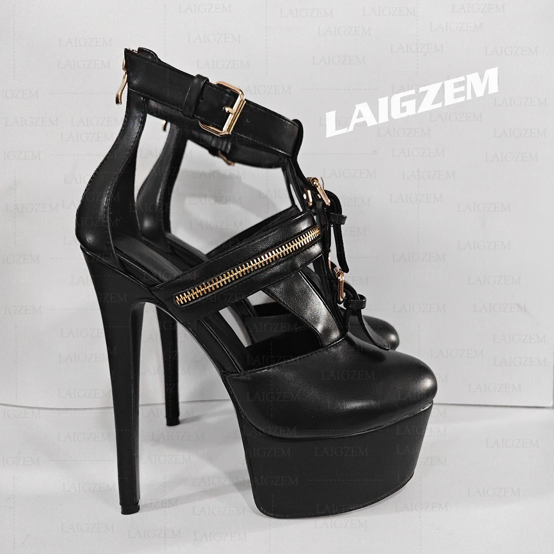 LAIGZEM Frauen Plattform Pumpen Runde Kappe Dünne High Heels Sandalen Zurück Zip up Damen Schnallen Schuhe Frau Plus Größe 39, 44, 48, 50 52