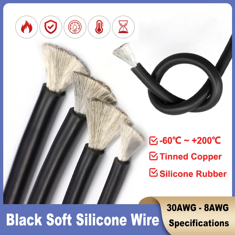 1~20m Superweicher Silikondraht Schwarz 30/28/26/24/22/20/18/16/15/14/13/12/10/8AWG Hitzebeständiges Autobatterie-Stromkabel Image