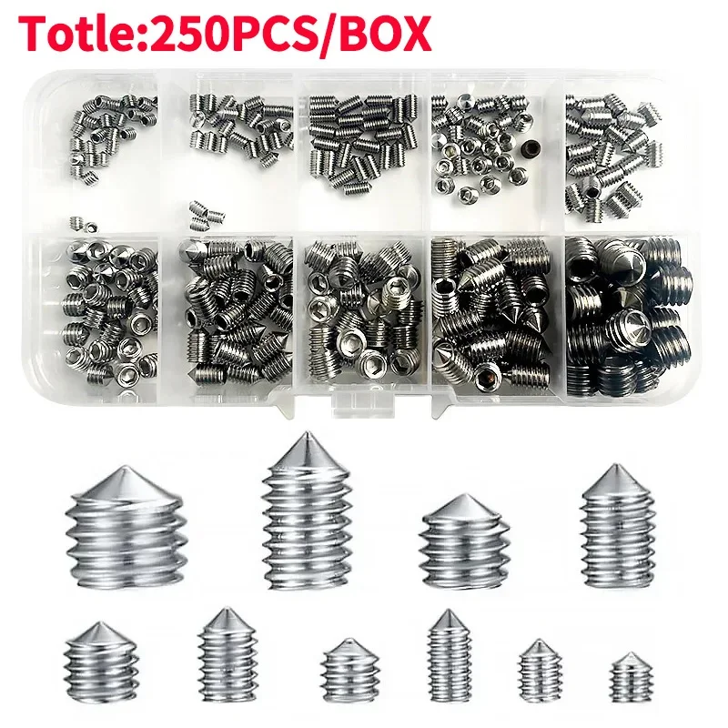 250 TEILE/SCHACHTEL 304 Edelstahl Spitze Set Schraube Kit Hex Innensechskant Allen Cup Point DIY Set Türgriffe Bolzen M2 M3 M4 M5 M6 M8 DIN916 Image