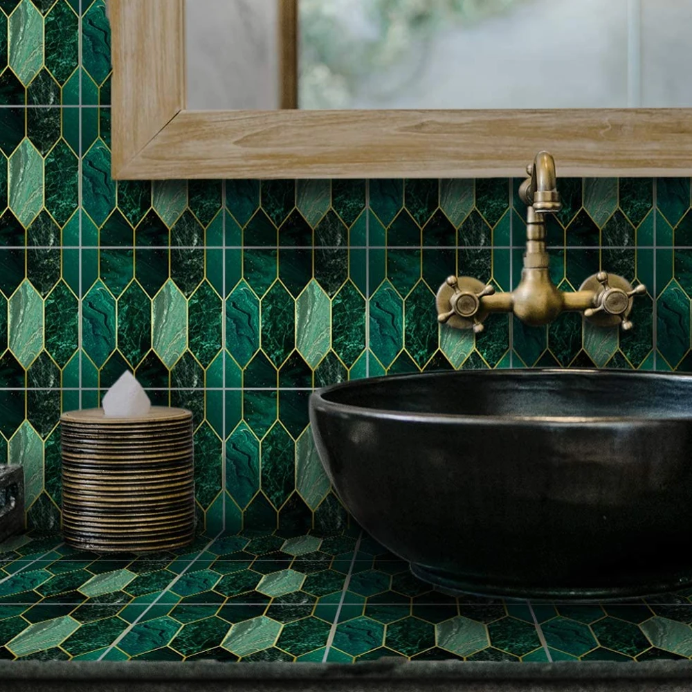 Vinyl-Wandaufkleber für Wohnzimmer, Küche, Badezimmer, Toilette, Bar, moderner Luxus, Heimdekoration, grüne Vergoldung, Marmor, PVC, selbstklebende Fliesen