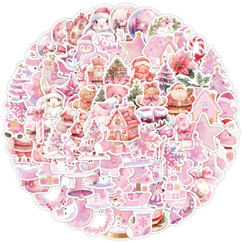 100PCS Rosa Weihnachten Ästhetische Aufkleber Nette Rosa Vintage Weihnachten Party Aufkleber Retro Santa Claus Graffiti Aufkleber Sammelalbum Image