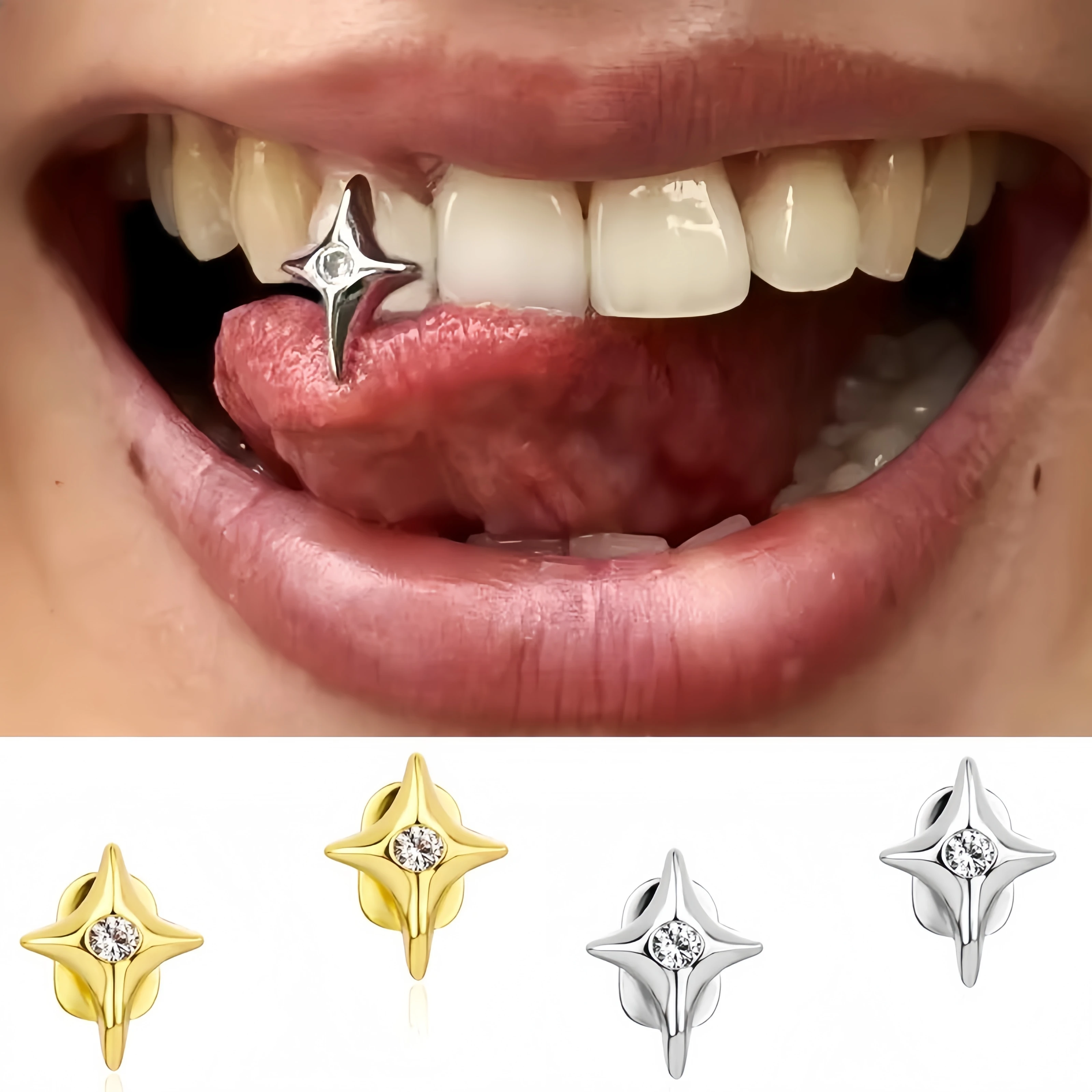 Bestseller Hip-Hop Single Star Row Iced Out Micro Pave CZ Zahn-Grillz mit Zirkonia-Steinen für Ober- und Unterkiefer – Charm-Grills für Herren und Damen Schmuck Image