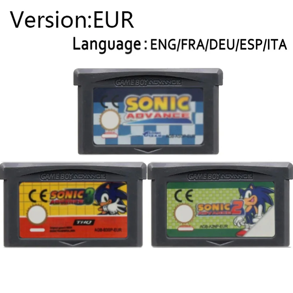 GBA-Serie 32-Bit-Videospiel-Cartridge-Konsolenkarte Sonic Advance 1 2 3 The Hedgehog Genesis Mehrsprachig