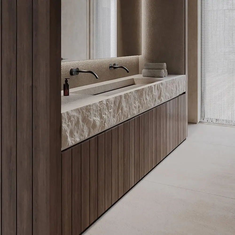Vintage Travertin Doppelwaschbecken-Konsole mit Strukturiertem Unterbau-Waschbecken und Verdecktem Abfluss, Mid-Century Kunststein-Waschtisch