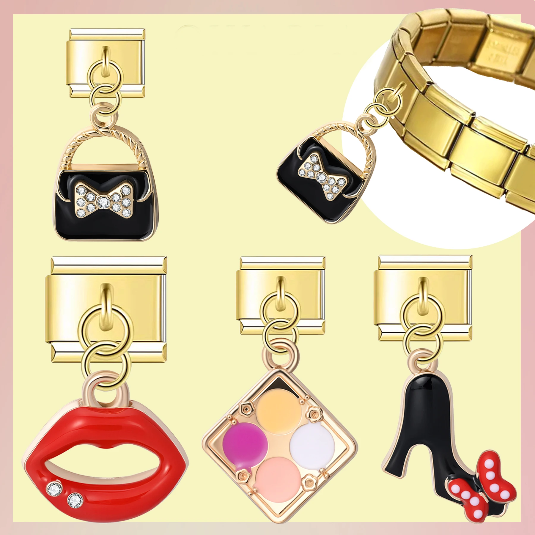 1 Stück Mode-Element-Anhänger, rote Lippen, schwarze High Heels, edler und eleganter schwarzer Handtaschen-Tropfenöl-Anhänger – DIY-Armband-Halskette