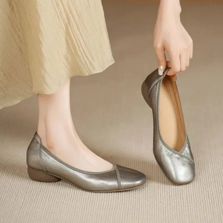 Meistverkaufte Bequeme Weichsohlen-Ballerinas für Damen, Neuer Stil, Niedrigabsatz-Schuhe aus Weichleder, Slip-On Schuhe mit Blockabsatz
