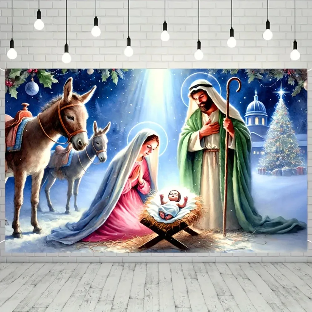 Jesus-Geburtsbanner, religiöser Fotografie-Hintergrund, Weihnachtstag, Familientreffen, Party, verschneite Szene, Studioaufnahme, Hintergrund Image